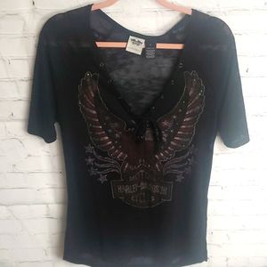 NWOT Harley Davidson Womens Shirt.. Size L ..Semi Sheer Black with Crystals